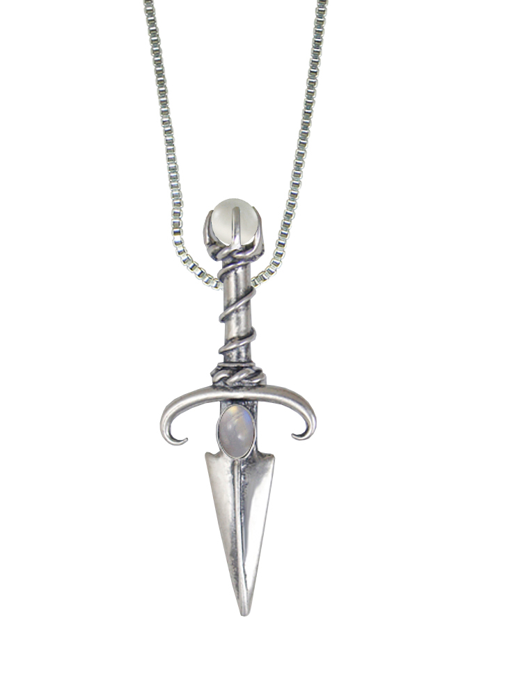 Sterling Silver Black Prince's Knife Dagger Pendant With Rainbow Moonstone And a Clear Glass Bead